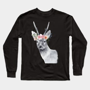 Wild Deer Roa Doe Elk Spirit Floral Head Wildlife Rescue Long Sleeve T-Shirt